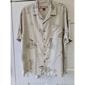 Paradise Blue Mens XL 100% Silk Tropical Floral Camp Shirt Beige Short Sleeve